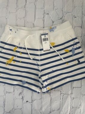 Ralph Lauren White Navy Striped Paint-Splatter Drawstring Shorts